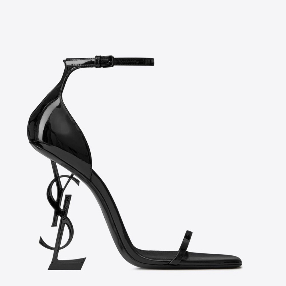YSL OPYUM SANDALS IN PATENT LEATHER WITH BLACK HEEL